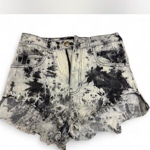 Dolls Kill Black and White Jean Shorts with Distressed Hem